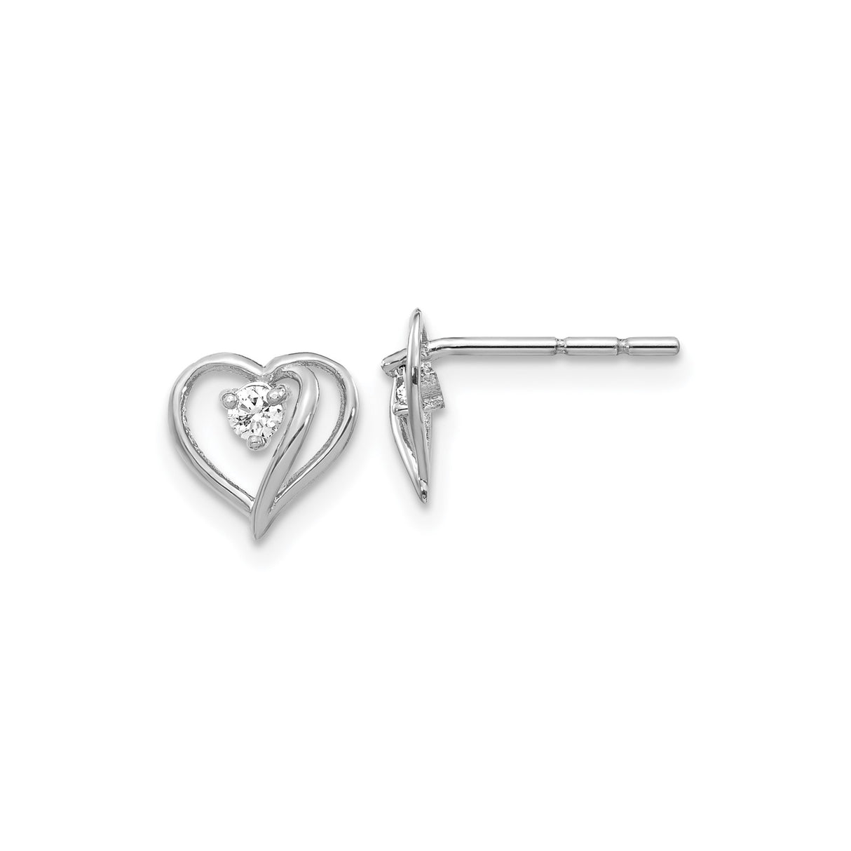 14k White Gold Heart Stud Earrings with Round Diamond Accent, Prong Set Open Design