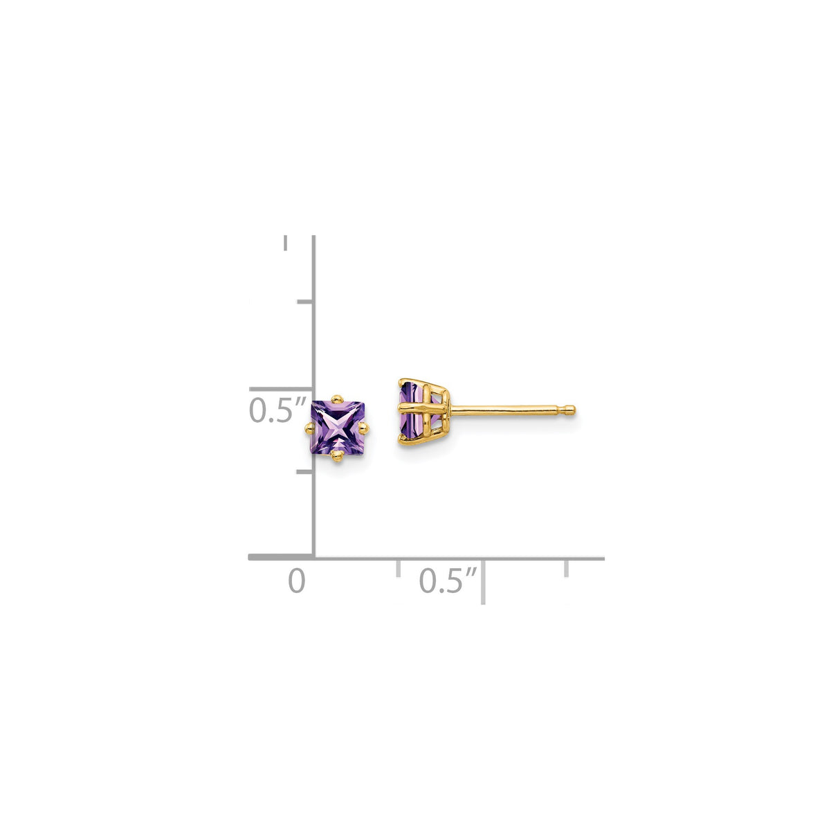 14k Yellow Gold Stud Earrings with Princess Cut Amethyst in Four Prong Setting