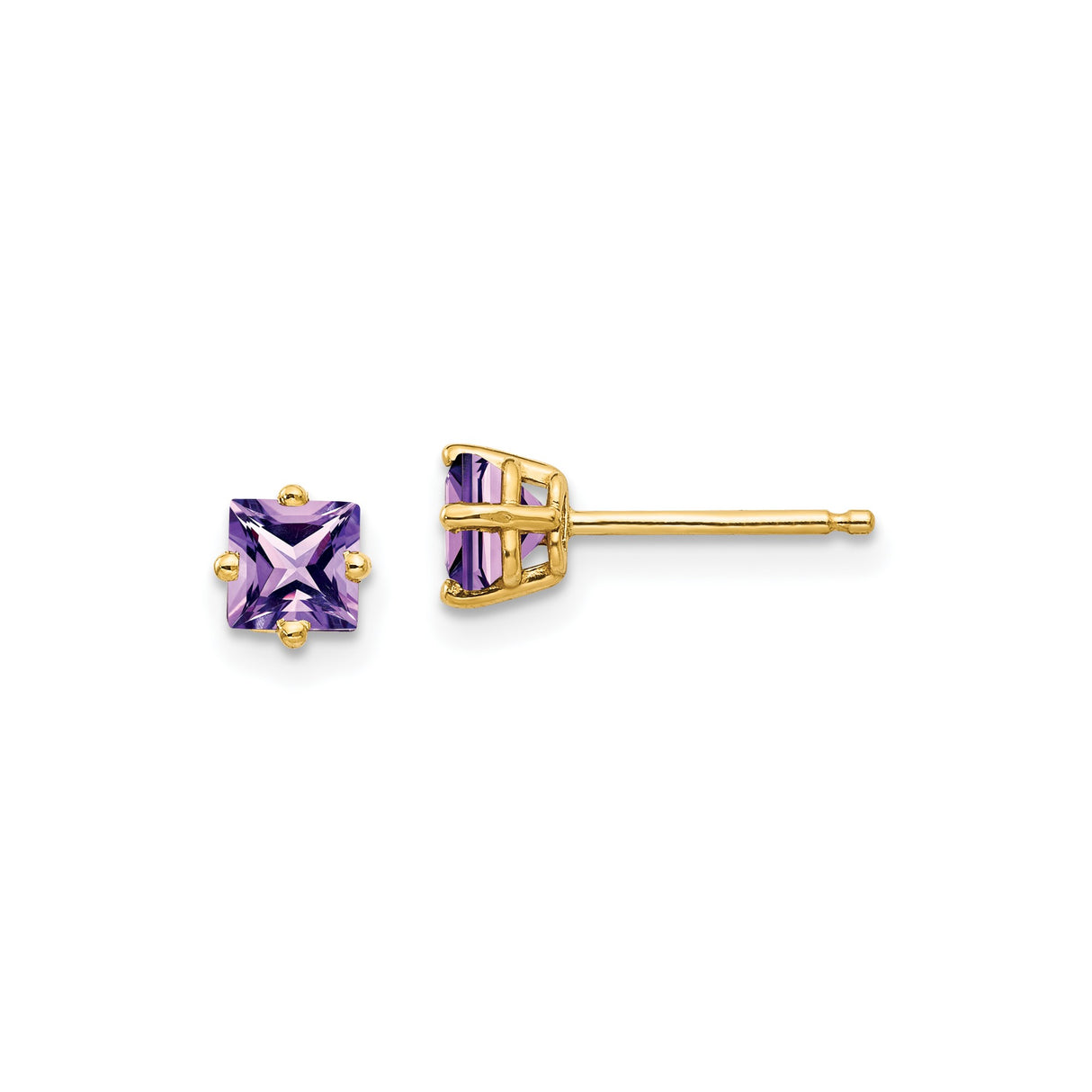 14k Yellow Gold Stud Earrings with Princess Cut Amethyst in Four Prong Setting