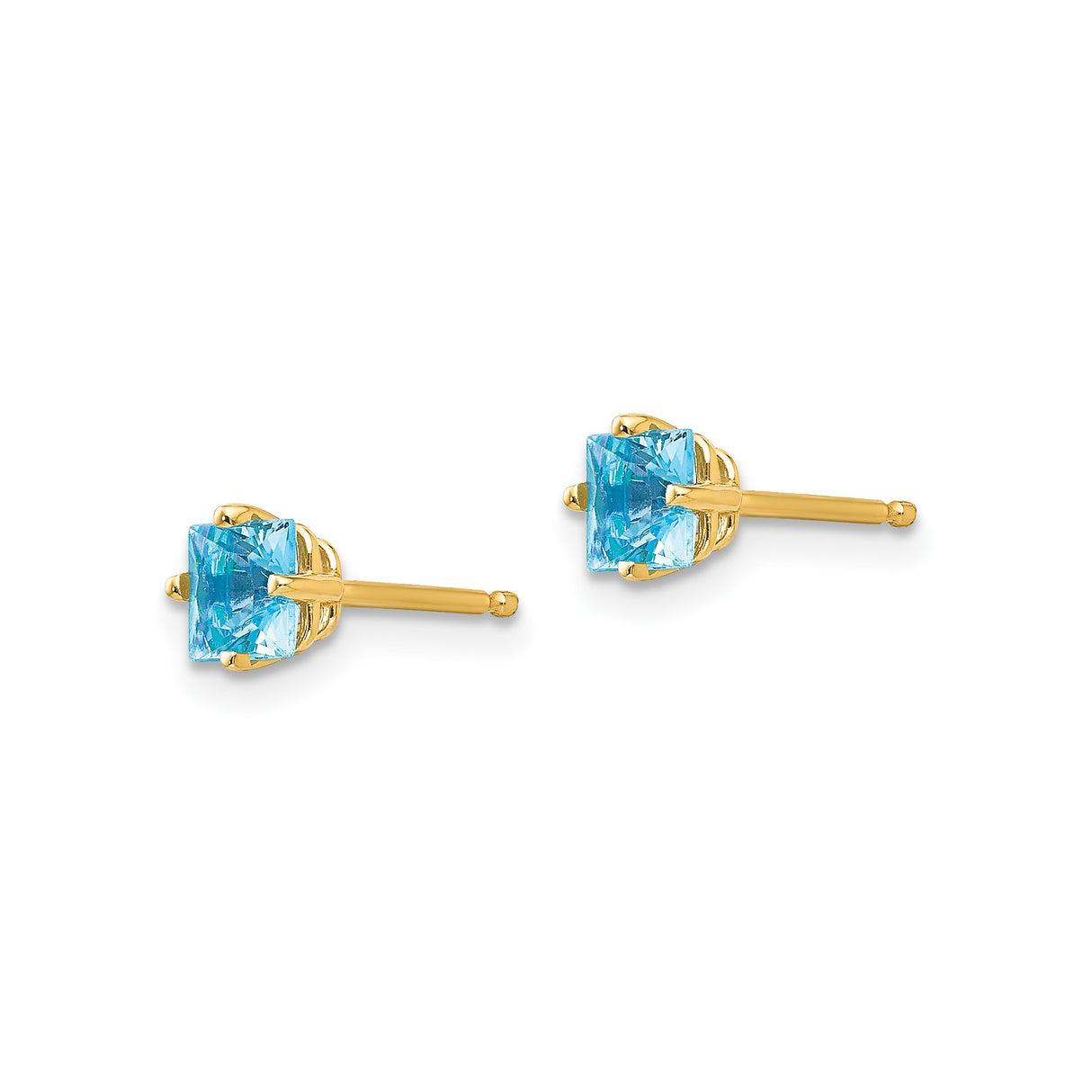 14k Yellow Gold Stud Earrings with Swiss Blue Topaz, Princess Cut, Minimalist Style
