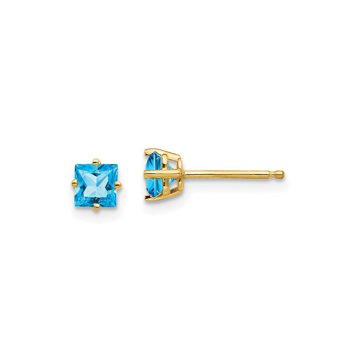 14k Yellow Gold Stud Earrings with Swiss Blue Topaz, Princess Cut, Minimalist Style