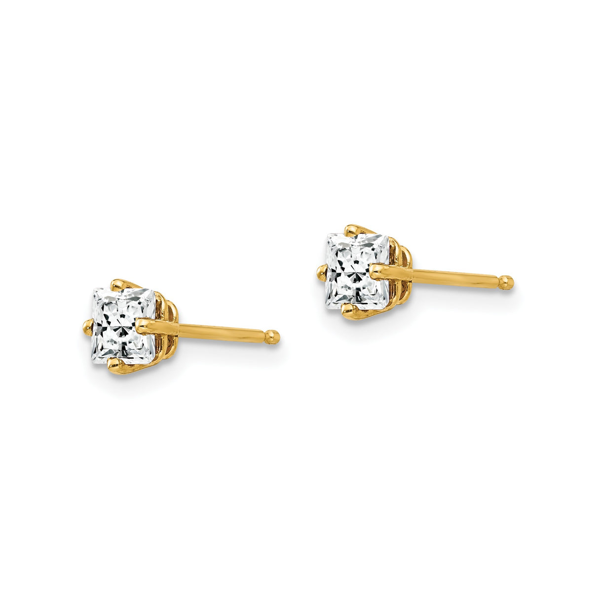 14k Yellow Gold Stud Earrings with Princess Cut Cubic Zirconia, Four Prong Setting
