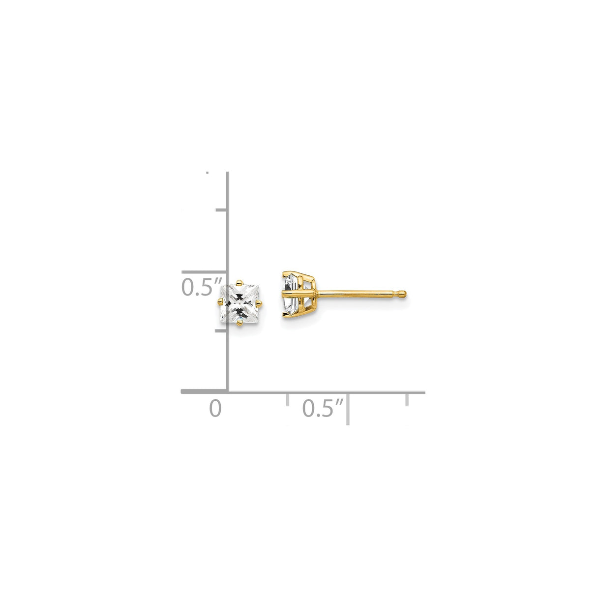 14k Yellow Gold Stud Earrings with Princess Cut Cubic Zirconia, Four Prong Setting