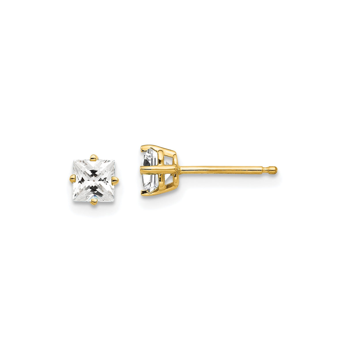 14k Yellow Gold Stud Earrings with Princess Cut Cubic Zirconia, Four Prong Setting