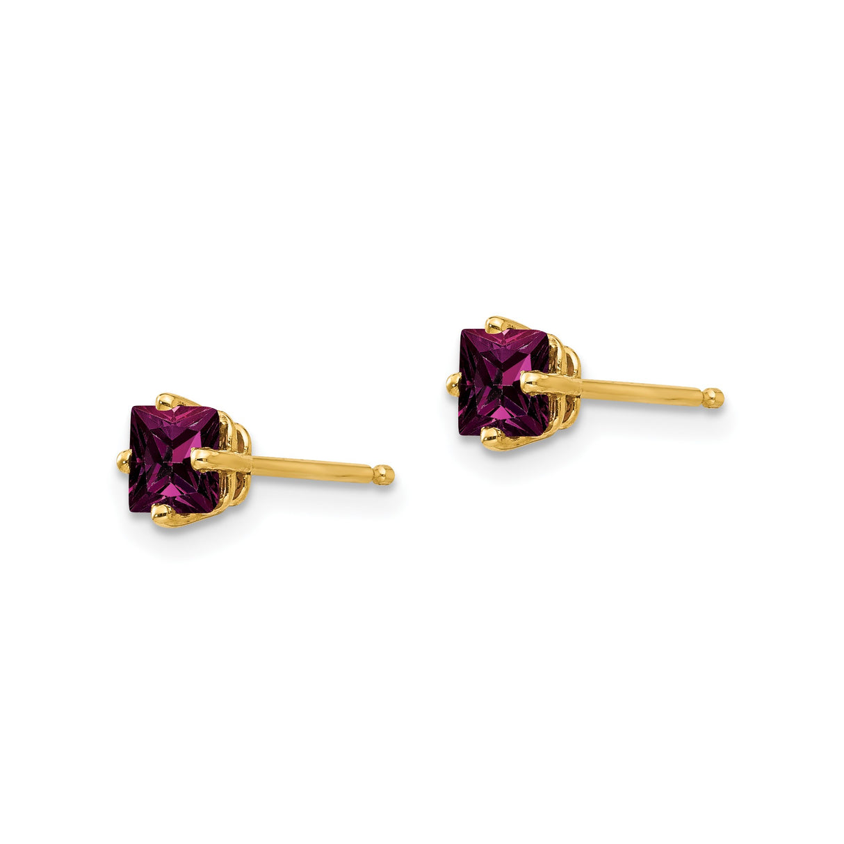 14k Yellow Gold Stud Earrings with Rhodolite Garnet, Square Princess Cut, Four Prong Setting
