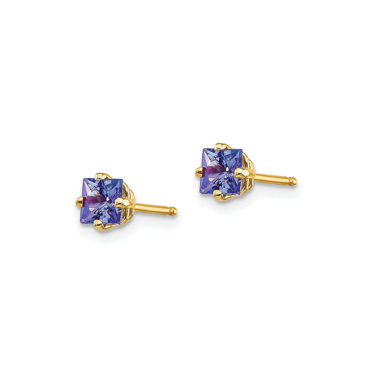 14k Yellow Gold Stud Earrings with Princess Cut Tanzanite, Minimal Modern Design