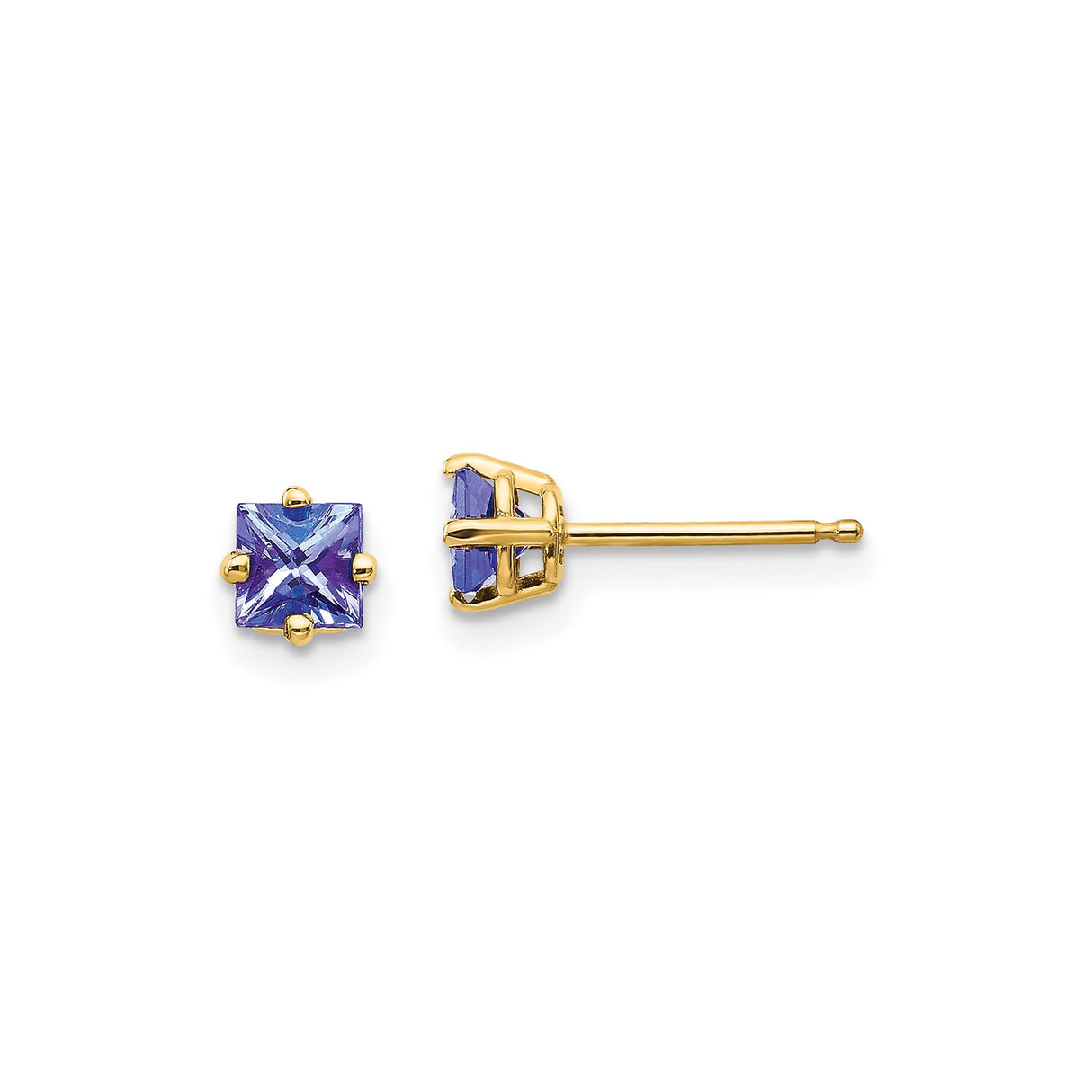 14k Yellow Gold Stud Earrings with Princess Cut Tanzanite, Minimal Modern Design