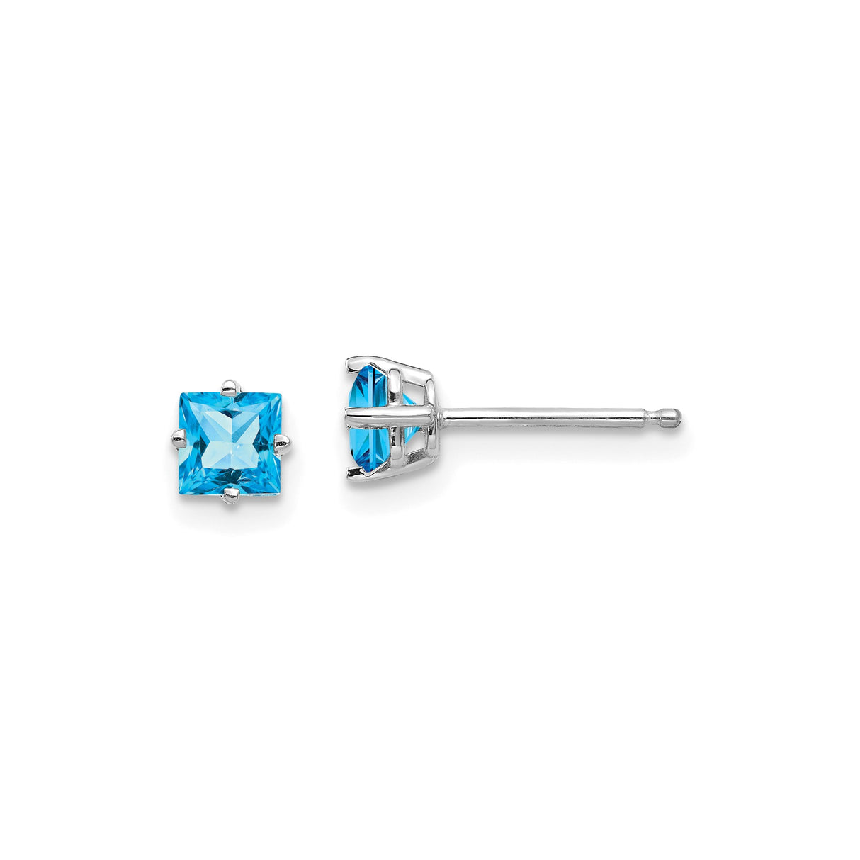 14k White Gold Stud Earrings with Swiss Blue Topaz, Princess Cut, Minimalist Style