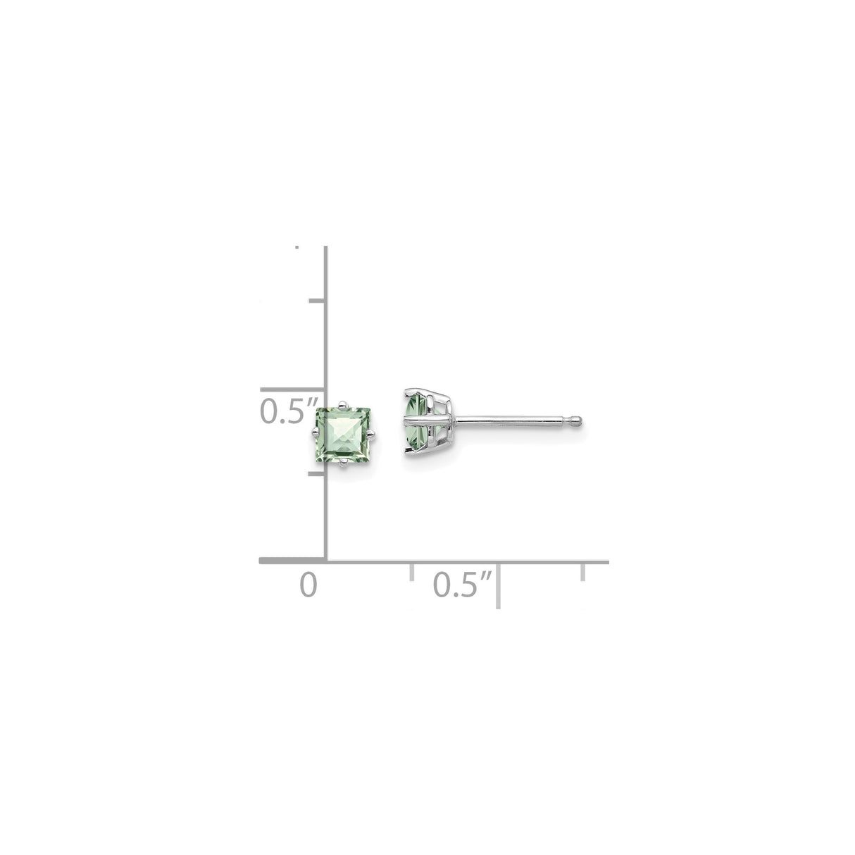 14k White Gold Stud Earrings with Green Quartz, Square Cut Minimalist Design for Women