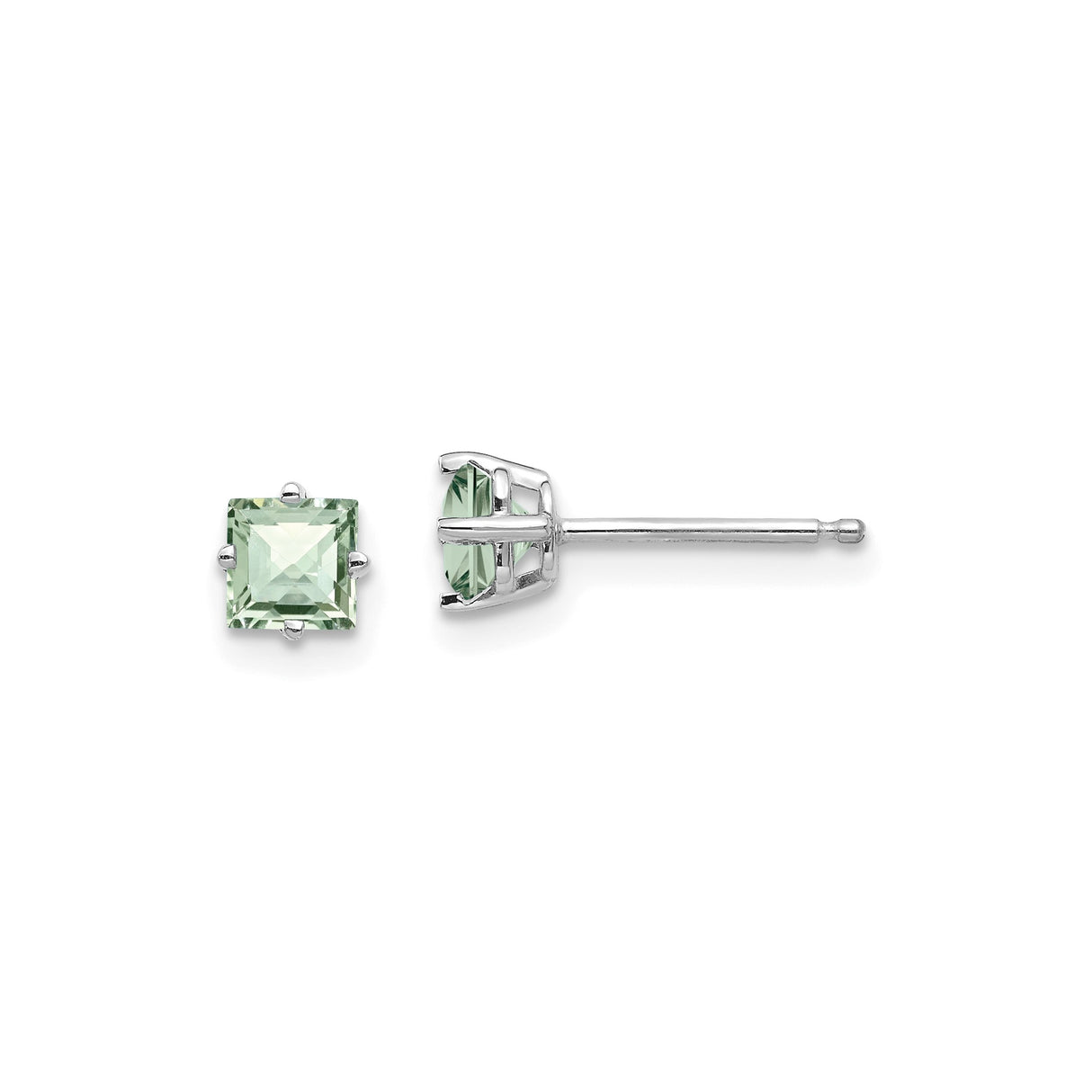 14k White Gold Stud Earrings with Green Quartz, Square Cut Minimalist Design for Women