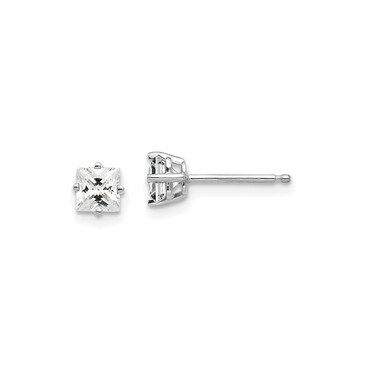 14k White Gold Solitaire Stud Earrings with Cubic Zirconia, Princess Cut, Minimalist Square Design