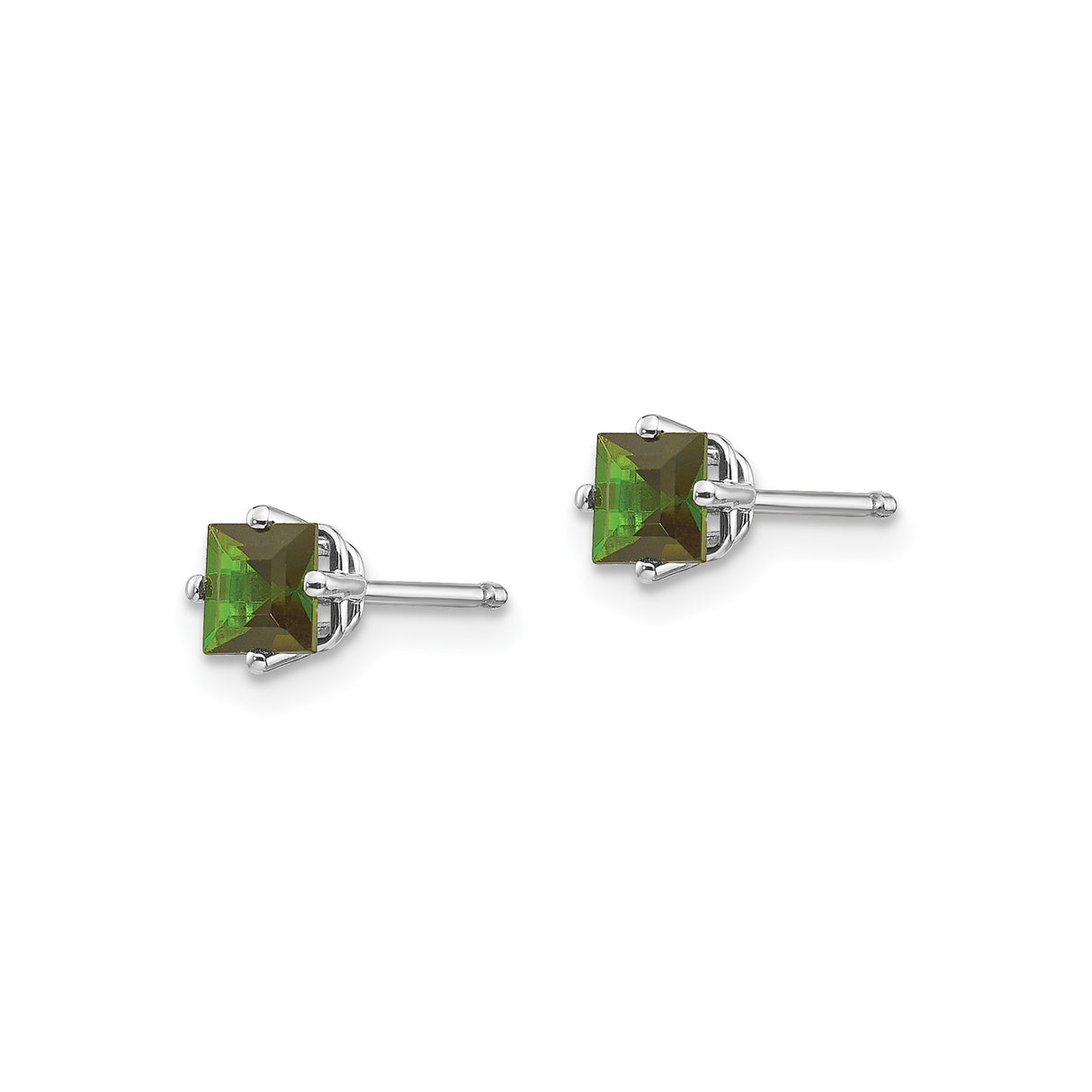 14k White Gold Stud Earrings with Green Tourmaline, Square Cut, Minimalist Style