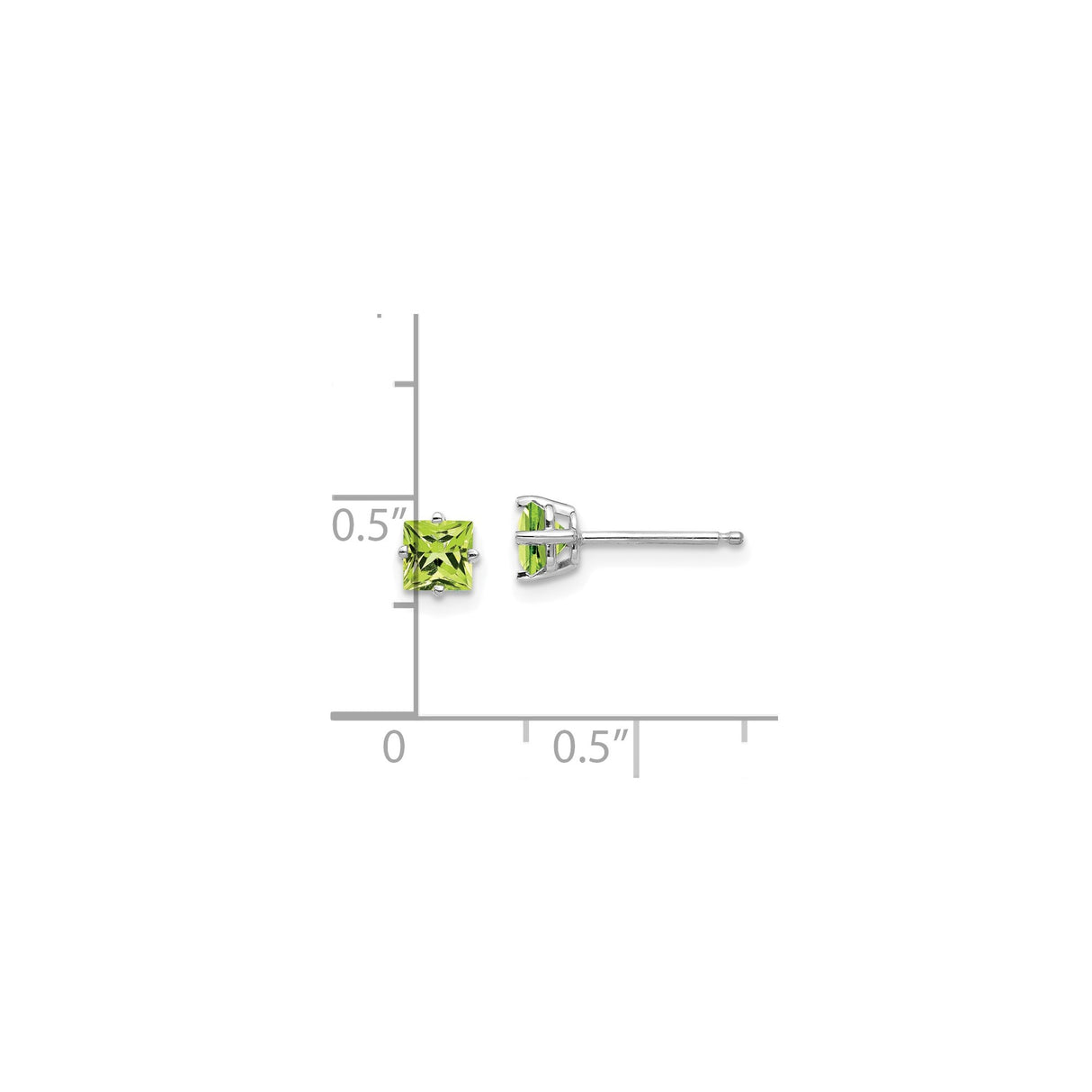 14k White Gold Stud Earrings with Square Cut Peridot in Minimalist Design for Women
