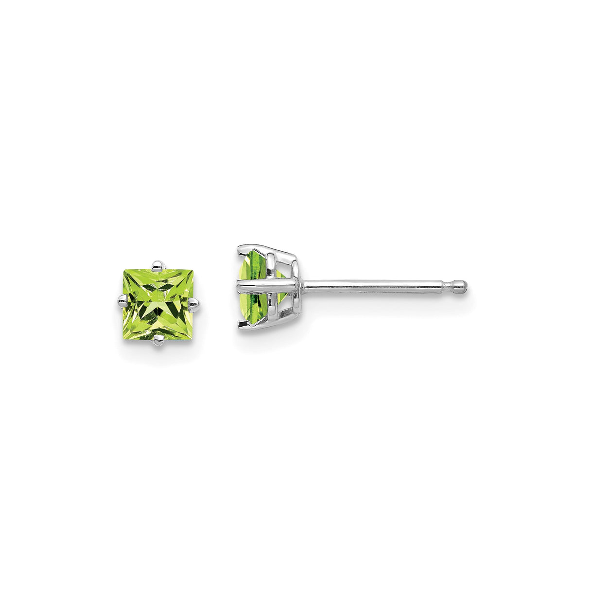 14k White Gold Stud Earrings with Square Cut Peridot in Minimalist Design for Women