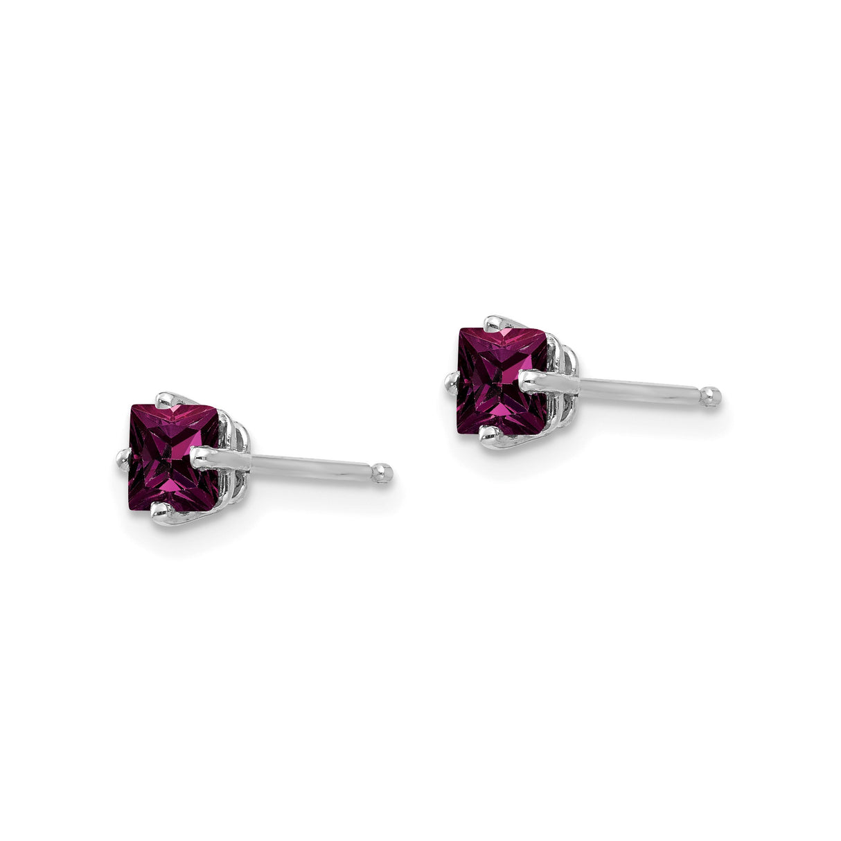 14k White Gold Stud Earrings with Princess-Cut Rhodolite Garnet, Four-Prong Setting