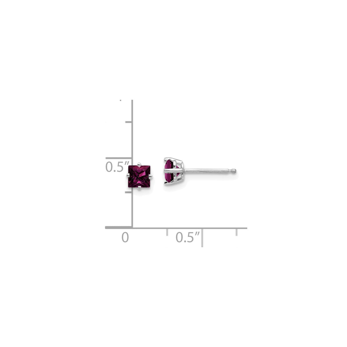 14k White Gold Stud Earrings with Princess-Cut Rhodolite Garnet, Four-Prong Setting