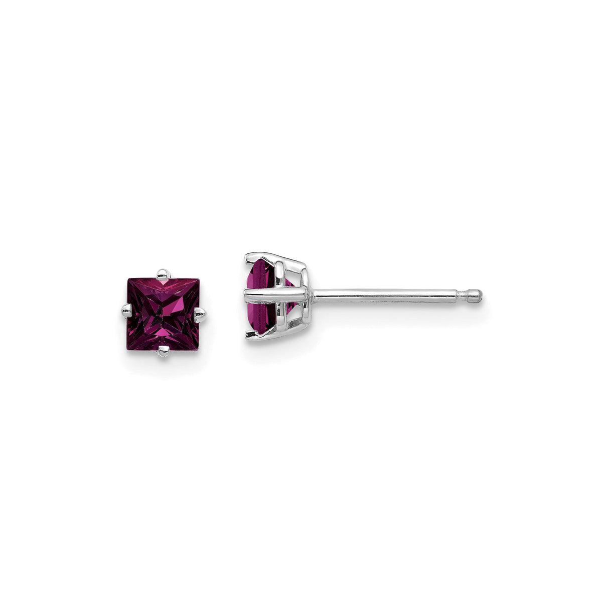 14k White Gold Stud Earrings with Princess-Cut Rhodolite Garnet, Four-Prong Setting