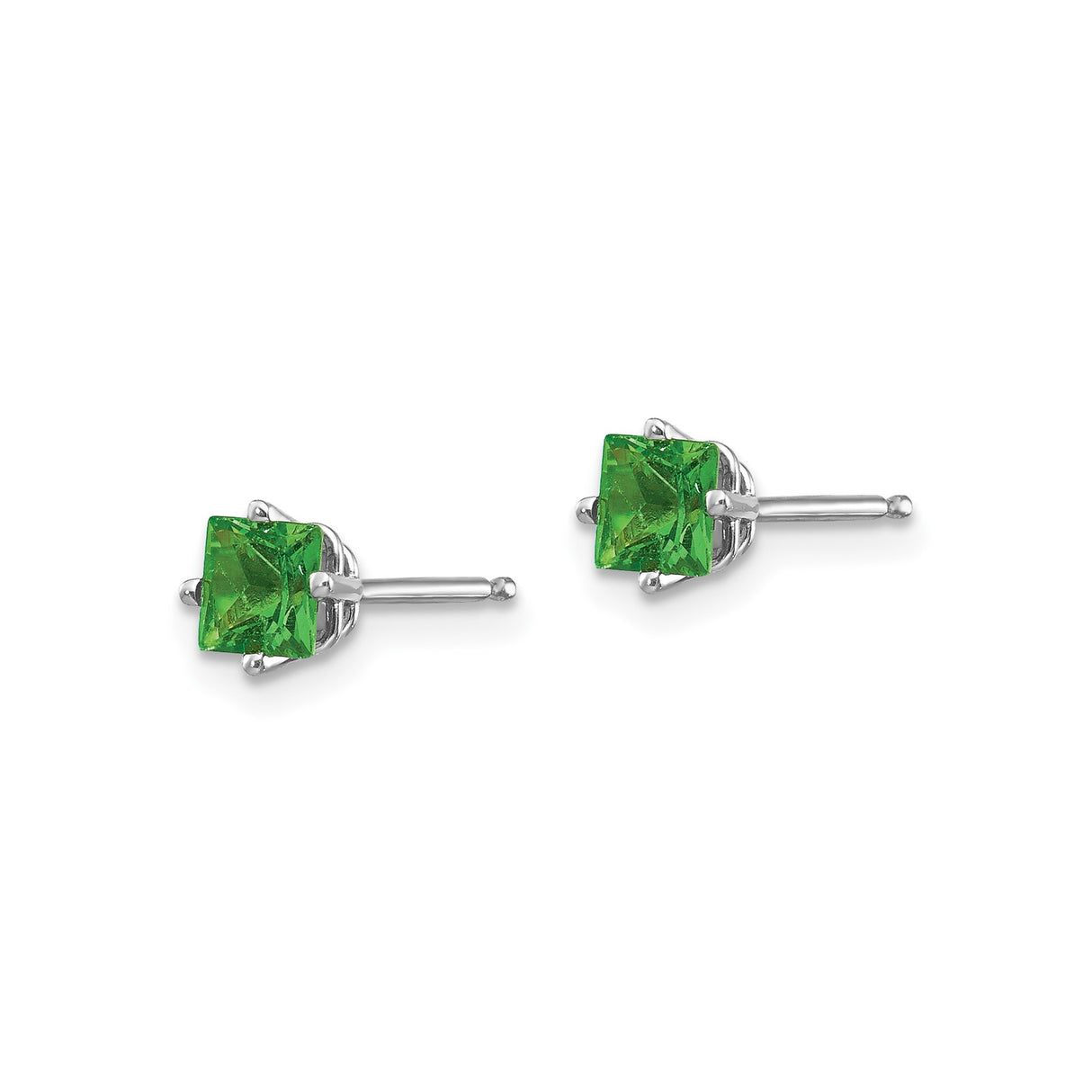 14k White Gold Stud Earrings with Square Cut Tsavorite Garnet, Minimal Classic Style