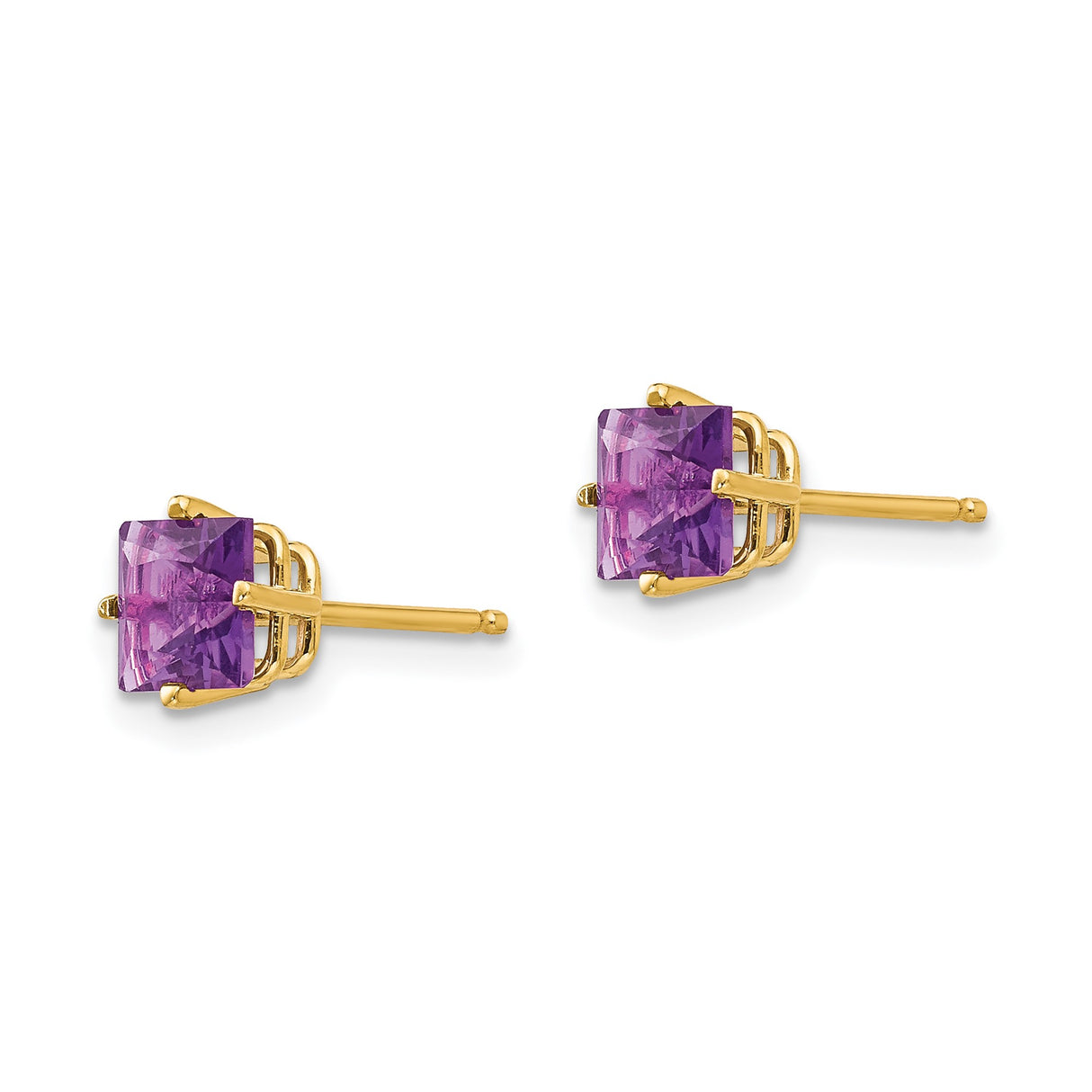 14k Yellow Gold Stud Earrings with Princess Cut Amethyst, Minimalist Solitaire Design