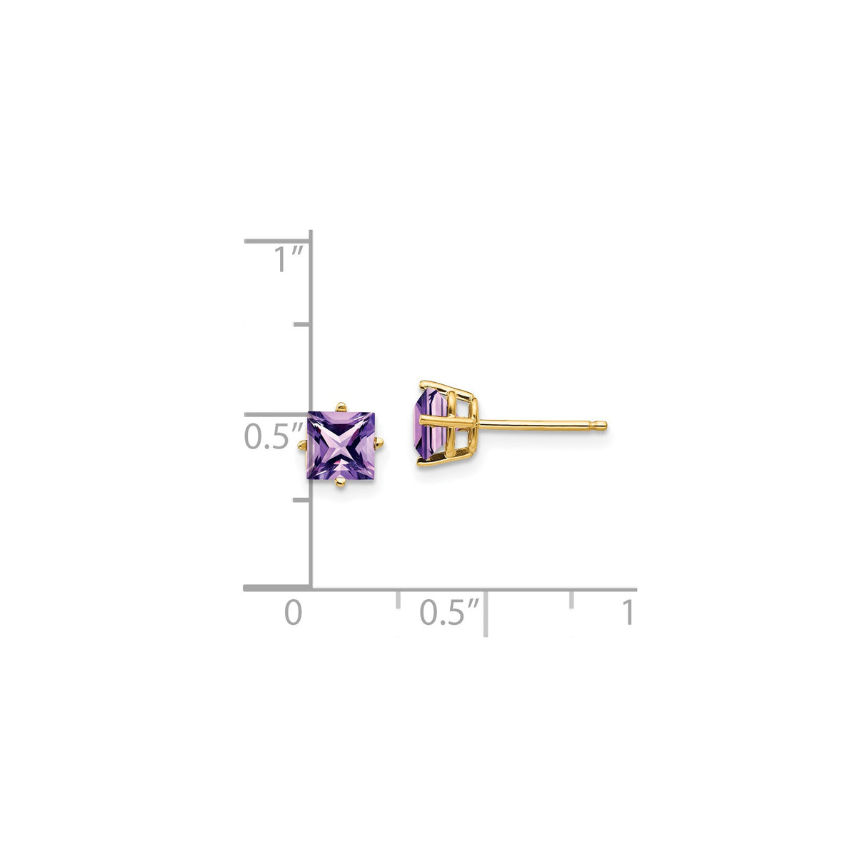 14k Yellow Gold Stud Earrings with Princess Cut Amethyst, Minimalist Solitaire Design