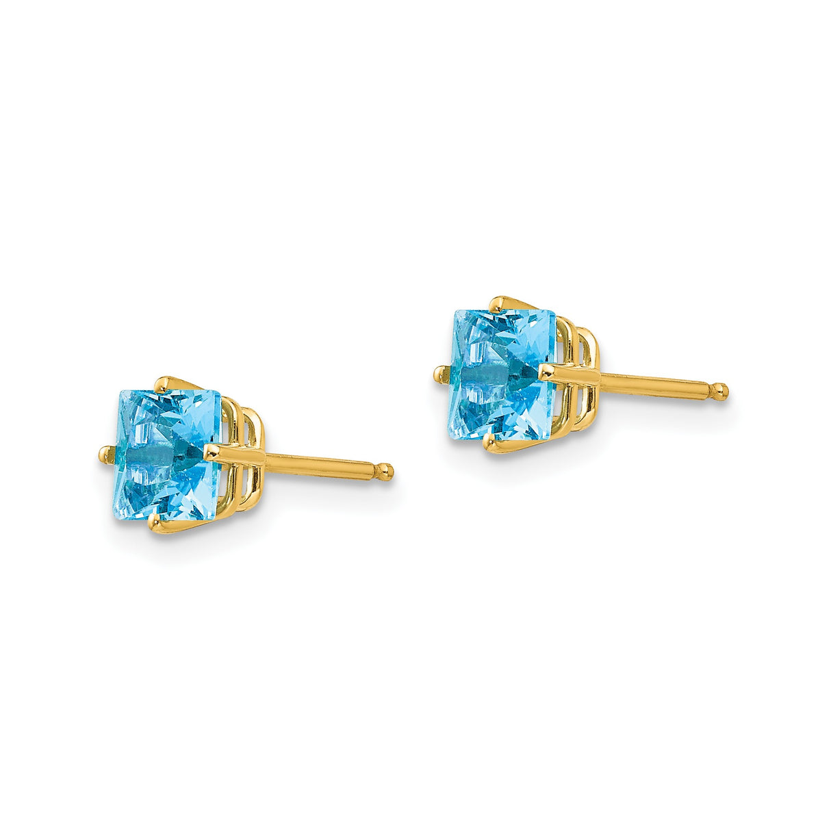 14k Yellow Gold Stud Earrings with Swiss Blue Topaz, Square Cut, Modern Minimalist Style