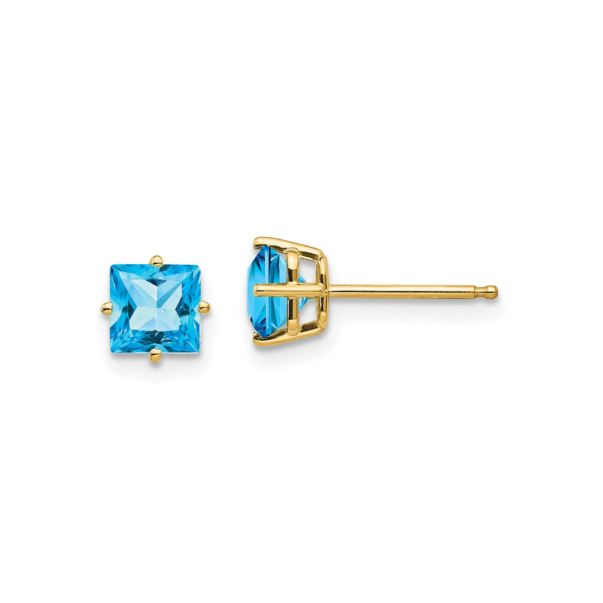 14k Yellow Gold Stud Earrings with Swiss Blue Topaz, Square Cut, Modern Minimalist Style