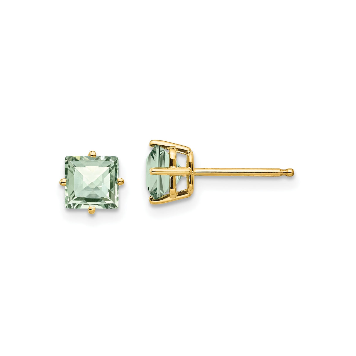 14k Yellow Gold Stud Earrings with Square Checker Cut Green Amethyst, Minimalist Design