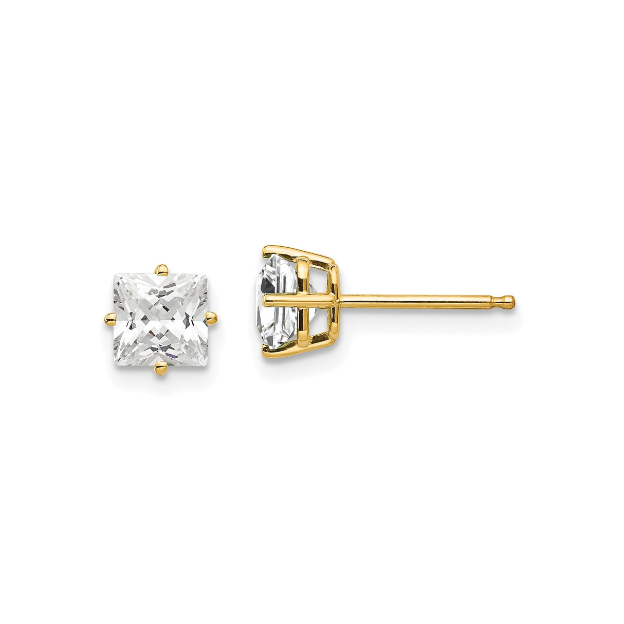 14k Yellow Gold Stud Earrings with Square-Cut Cubic Zirconia, Modern Minimalist Style