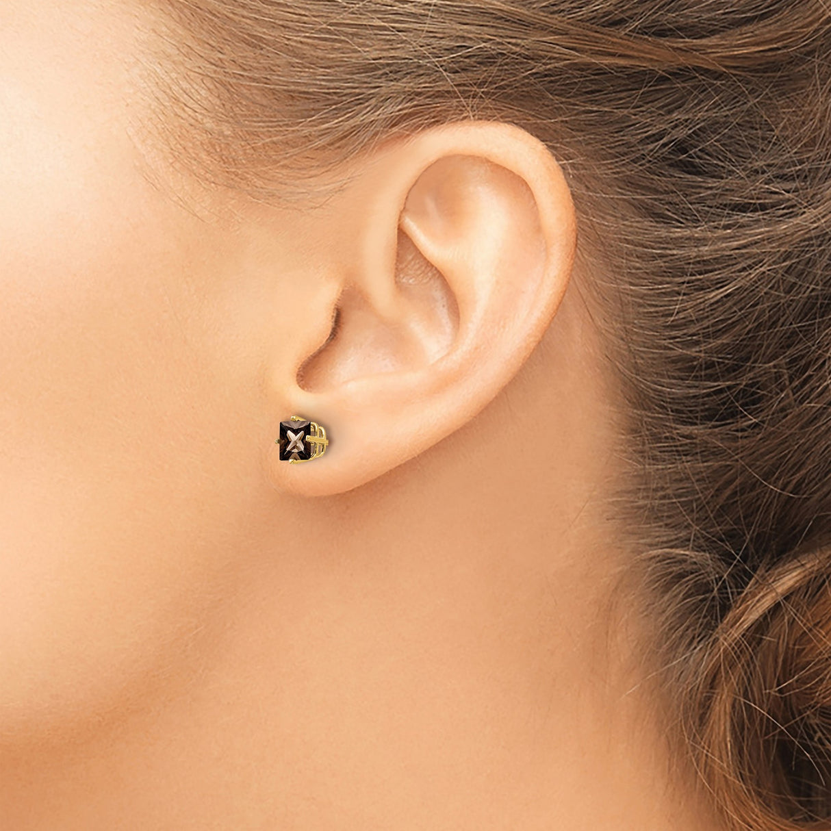 14k Yellow Gold Stud Earrings with Princess Cut Smoky Quartz, Square Minimalist Design