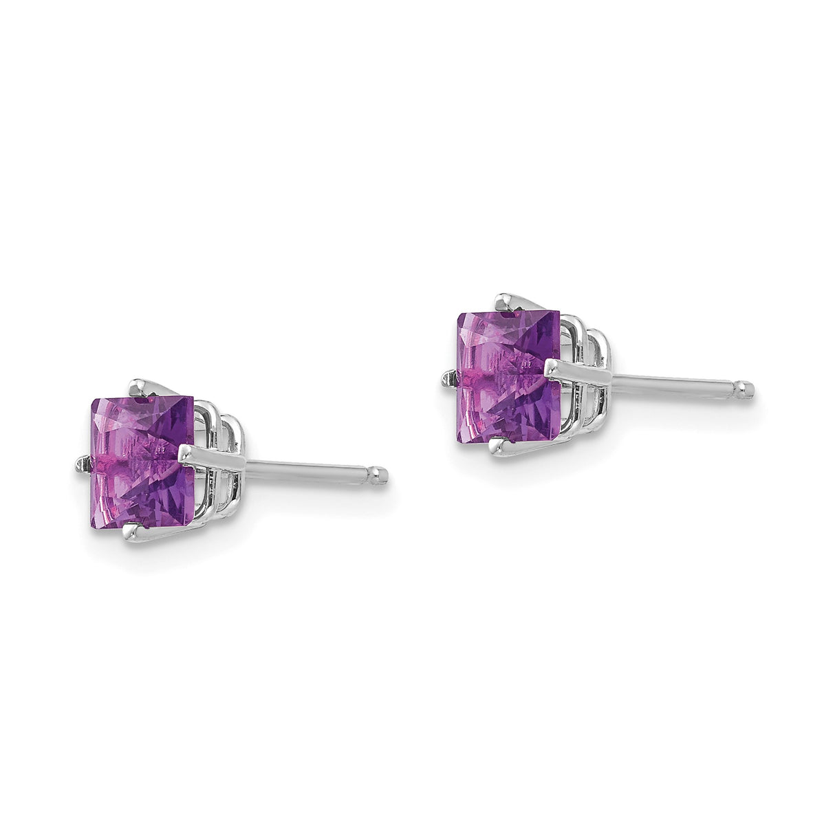 14k White Gold Amethyst Stud Earrings with Princess Cut Purple Gemstone in Four Prong Setting