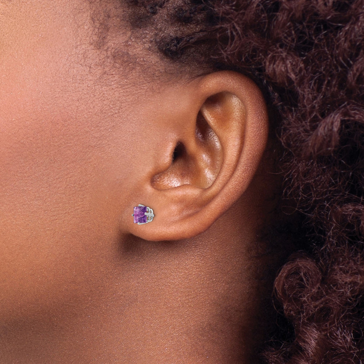 14k White Gold Amethyst Stud Earrings with Princess Cut Purple Gemstone in Four Prong Setting