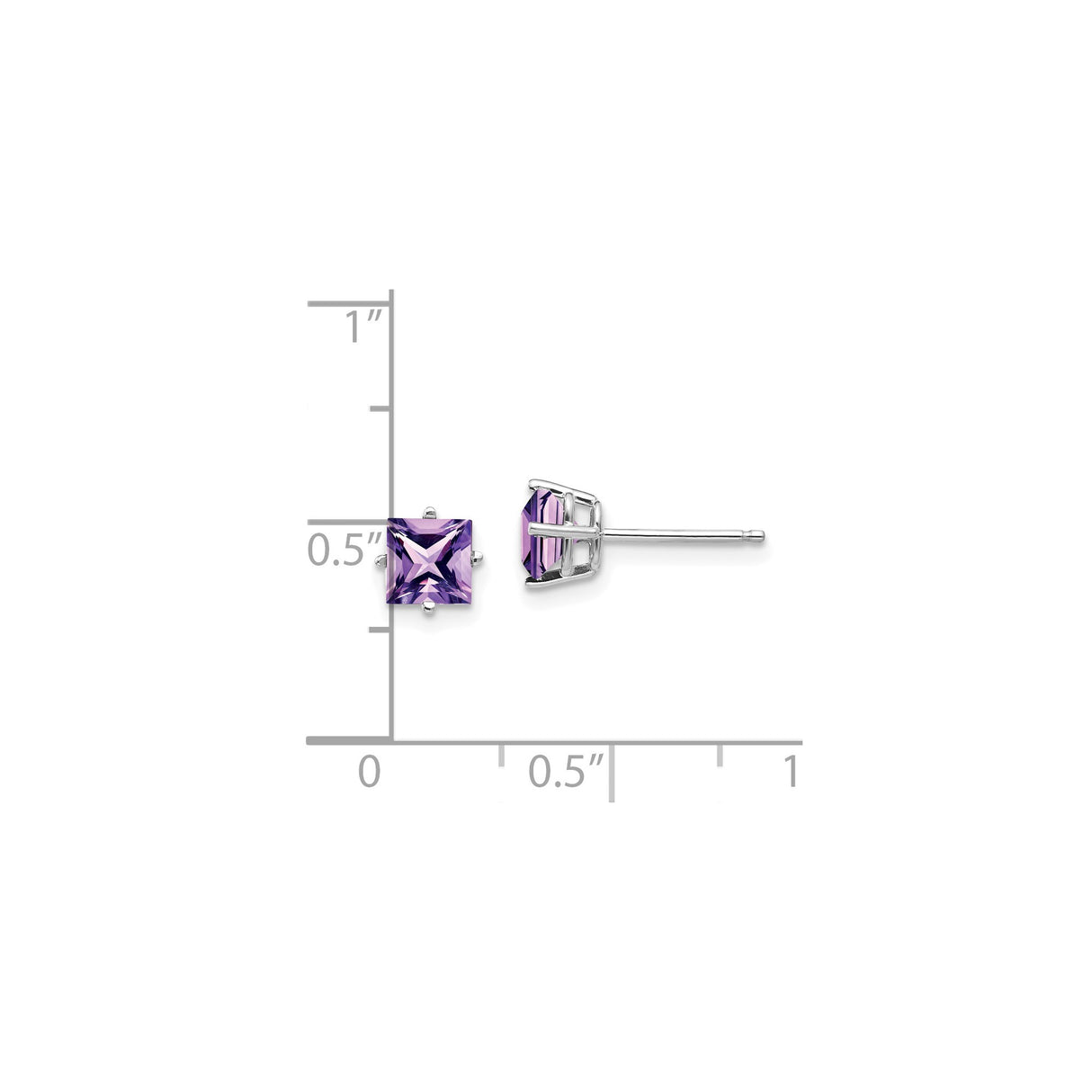 14k White Gold Amethyst Stud Earrings with Princess Cut Purple Gemstone in Four Prong Setting