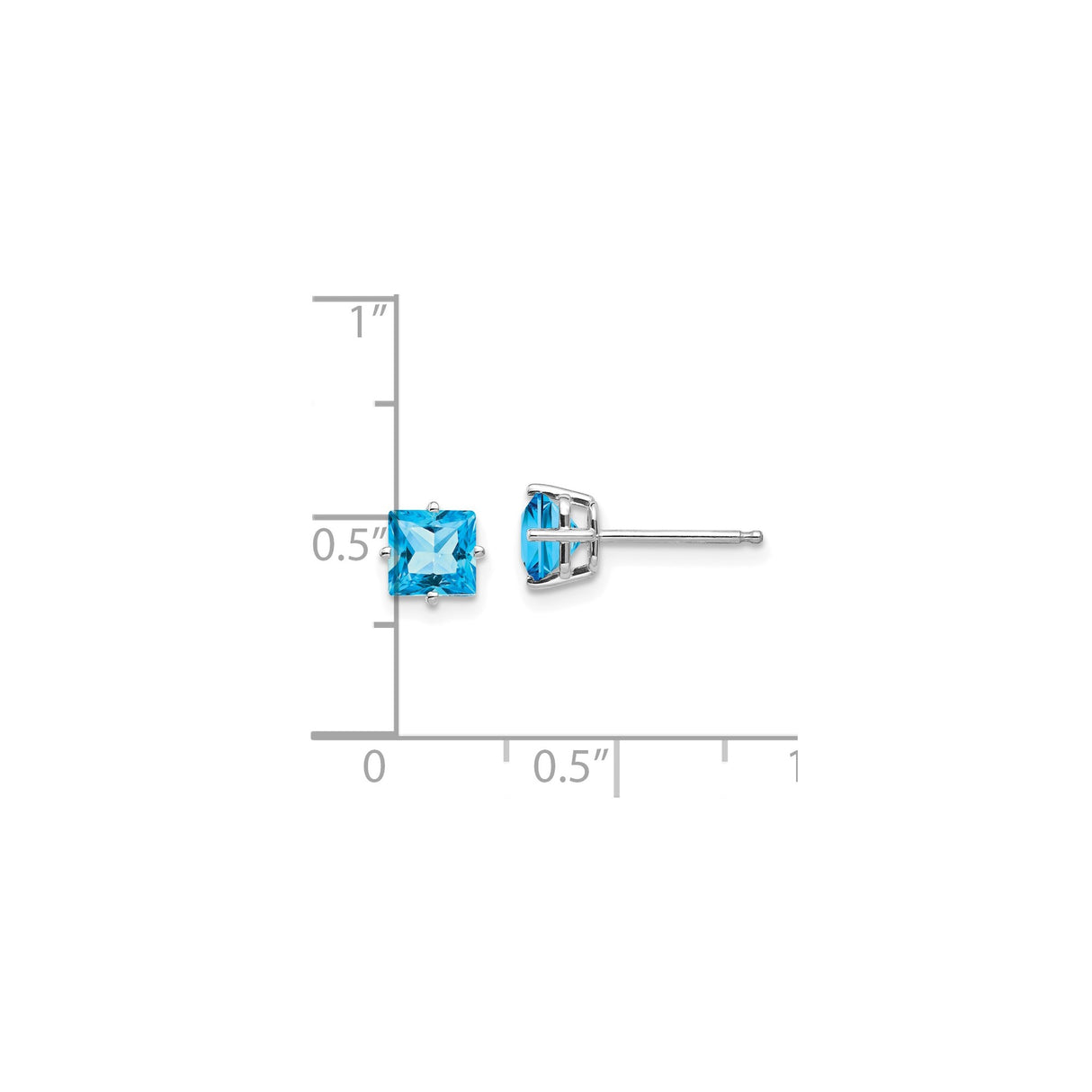 14k White Gold Stud Earrings with Princess Cut Swiss Blue Topaz, Delicate Modern Style