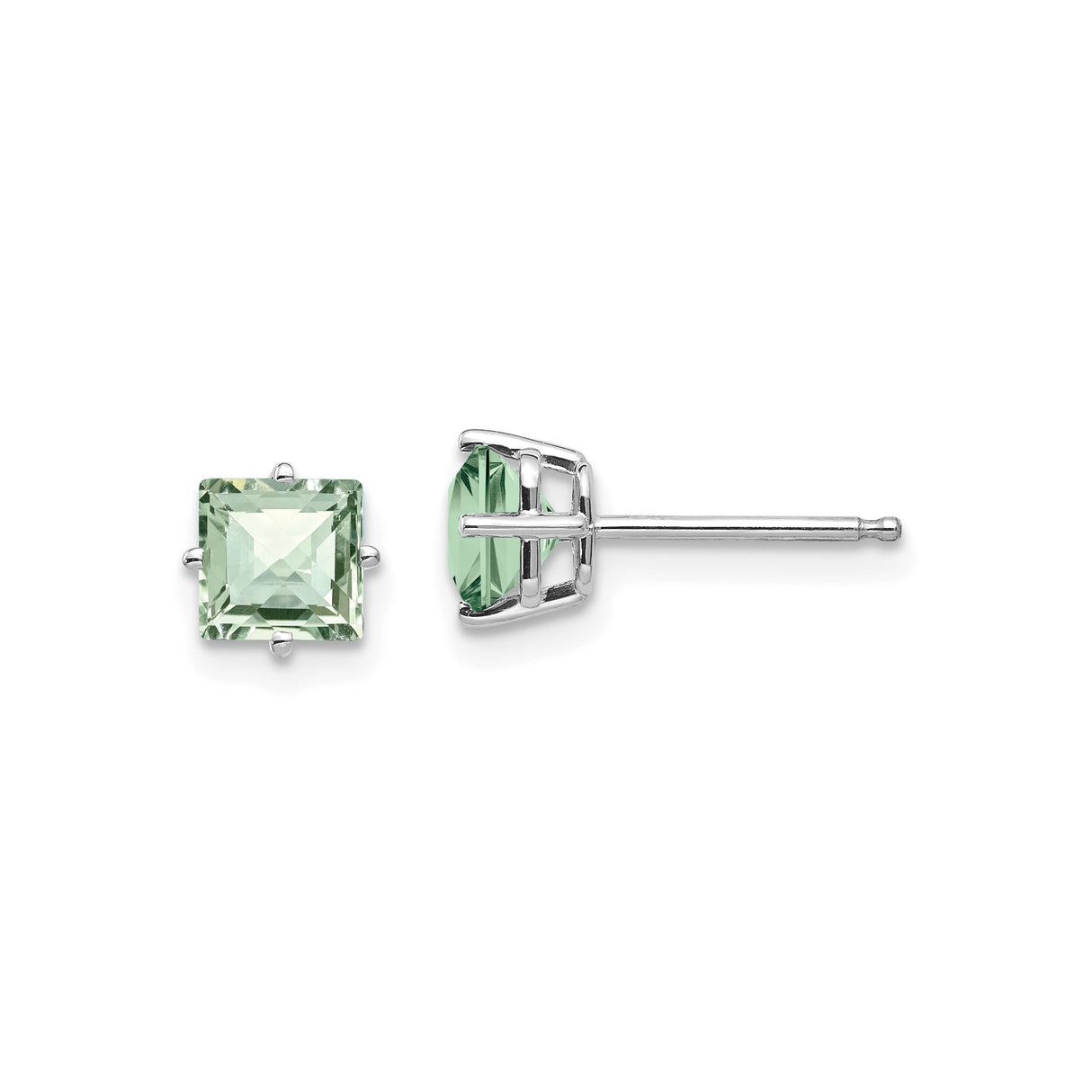 14k White Gold Green Quartz Stud Earrings, Square Cut, Minimalist Design for Women