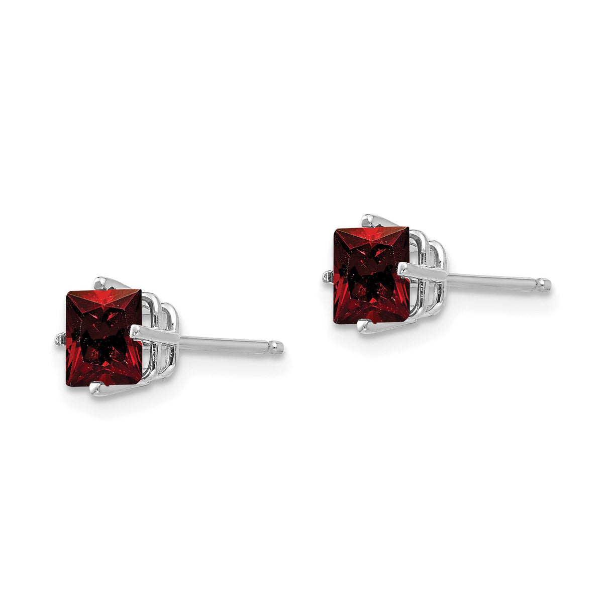 14k White Gold Stud Earrings with Square Princess Cut Garnet, Minimalist Solitaire Style