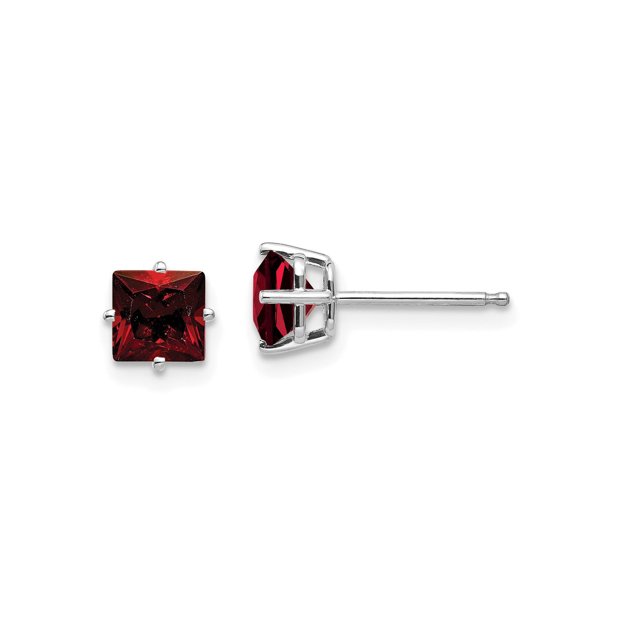 14k White Gold Stud Earrings with Square Princess Cut Garnet, Minimalist Solitaire Style