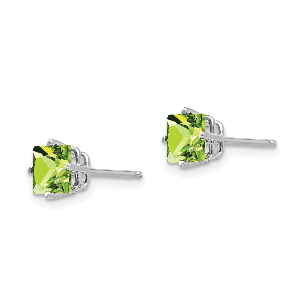14k White Gold Stud Earrings with Square Cut Peridot, Minimalist Four Prong Design