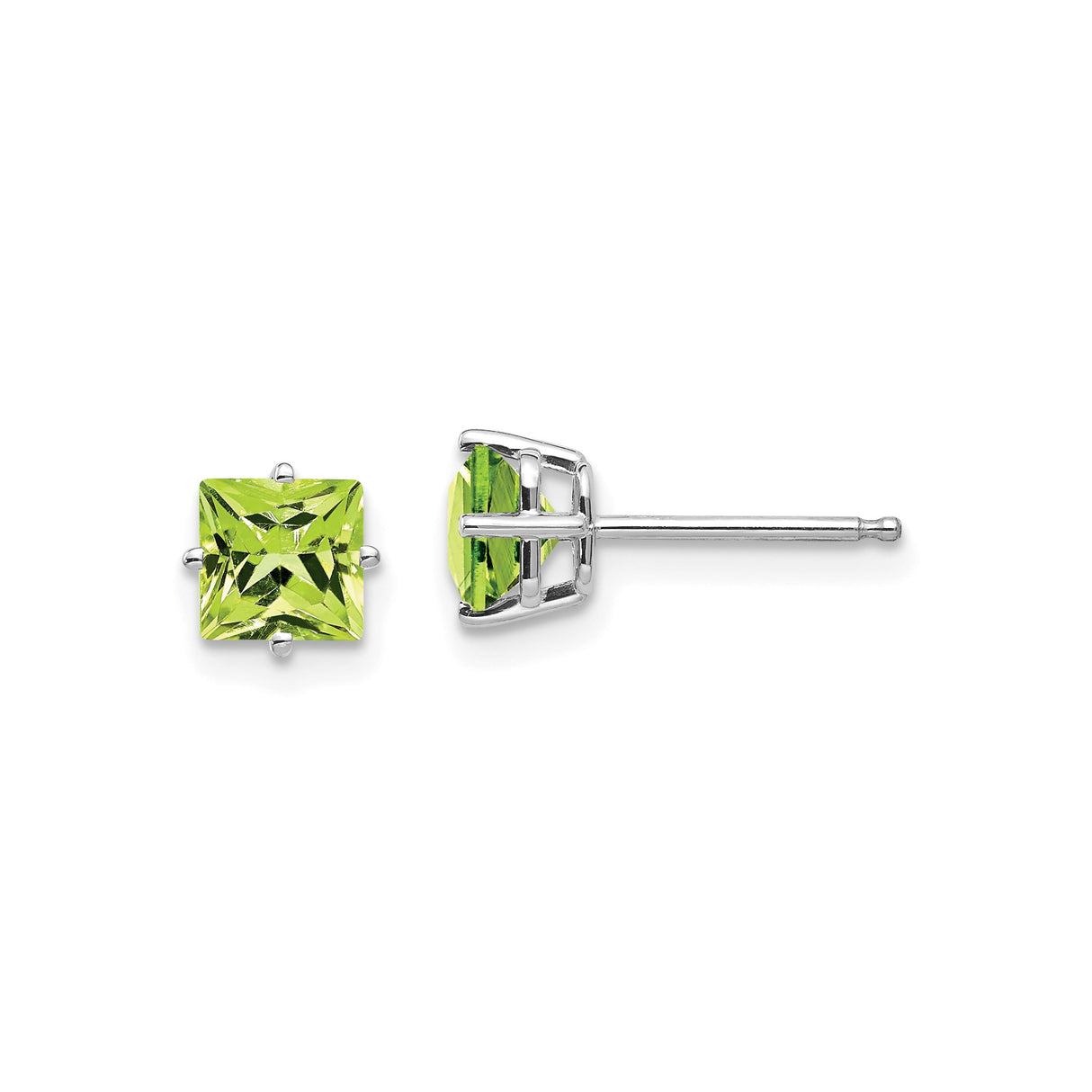 14k White Gold Stud Earrings with Square Cut Peridot, Minimalist Four Prong Design
