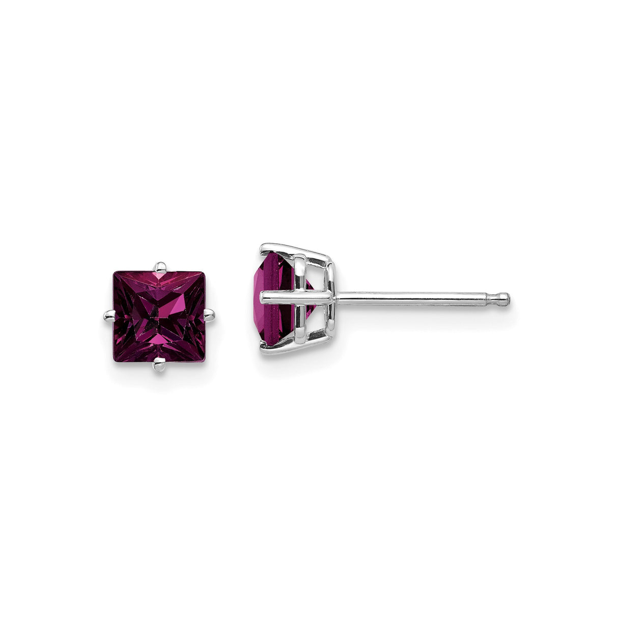 14k White Gold Stud Earrings with Rhodolite Garnet, Square Cut, Minimalist Design for Women