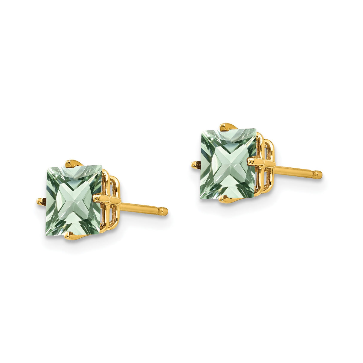 14k Yellow Gold Stud Earrings with Square Cut Green Gemstone, Modern Minimalist Style