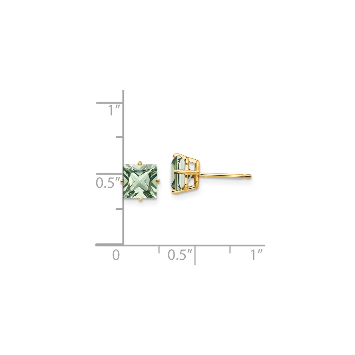 14k Yellow Gold Stud Earrings with Square Cut Green Gemstone, Modern Minimalist Style