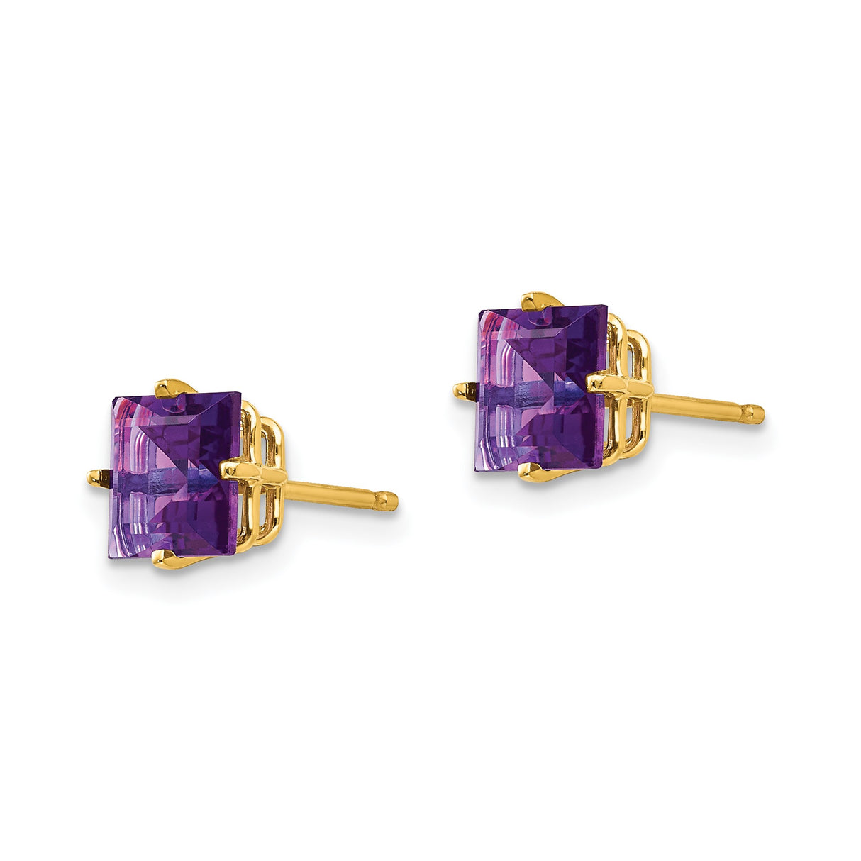 14k Yellow Gold Stud Earrings with Square Cut Amethyst Princess Design for Women