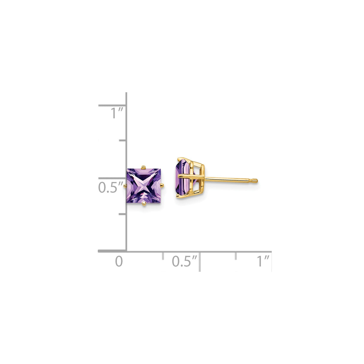 14k Yellow Gold Stud Earrings with Square Cut Amethyst Princess Design for Women