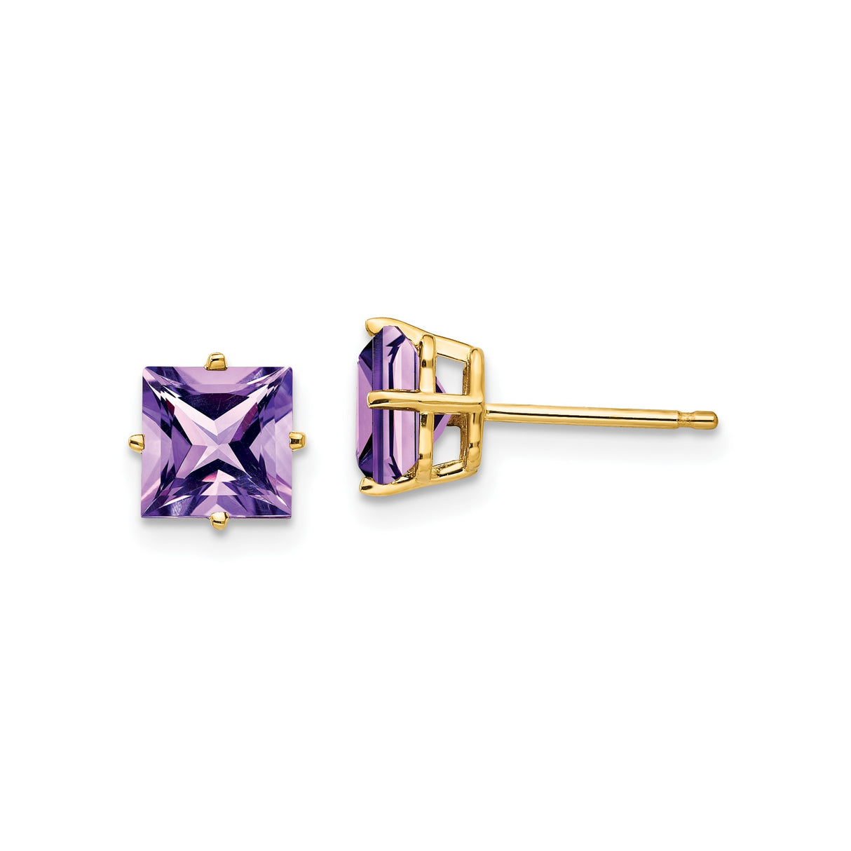 14k Yellow Gold Stud Earrings with Square Cut Amethyst Princess Design for Women