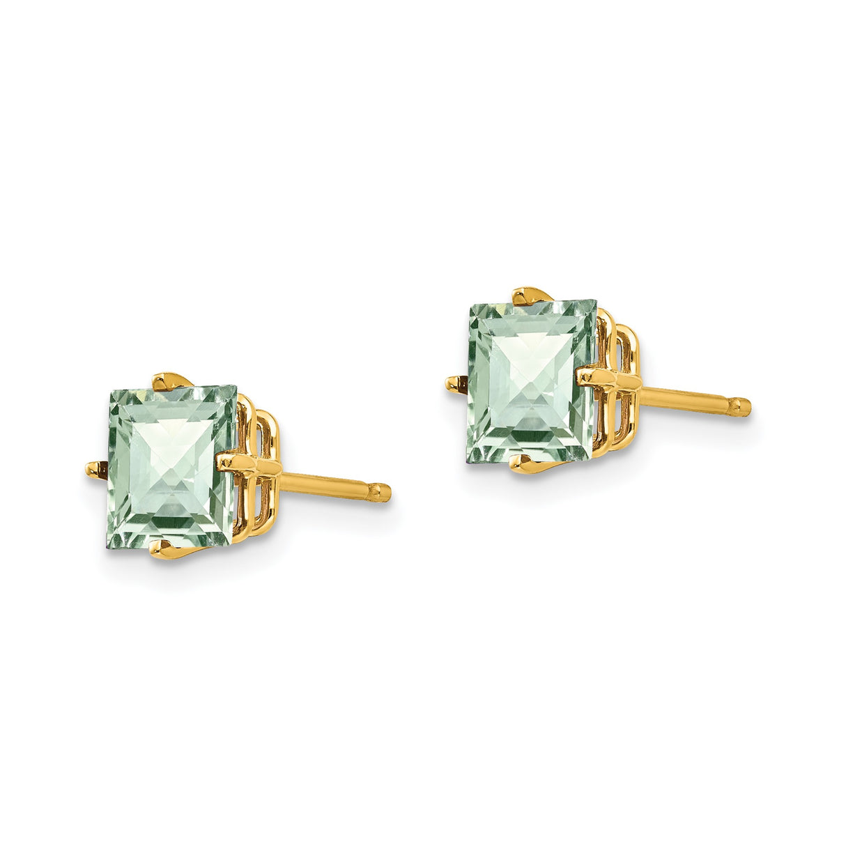 14k Yellow Gold Stud Earrings with Square Checker-Cut Green Quartz, Minimalist Design for Women