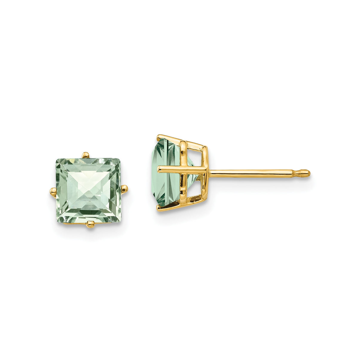 14k Yellow Gold Stud Earrings with Square Checker-Cut Green Quartz, Minimalist Design for Women