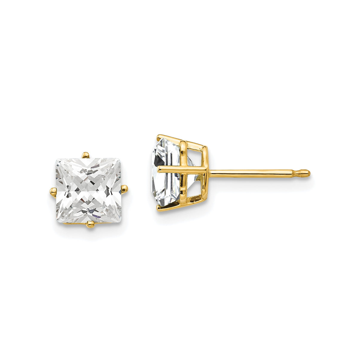 14k Yellow Gold Stud Earrings with Clear Cubic Zirconia, Princess Cut, Minimalist Geometric Design