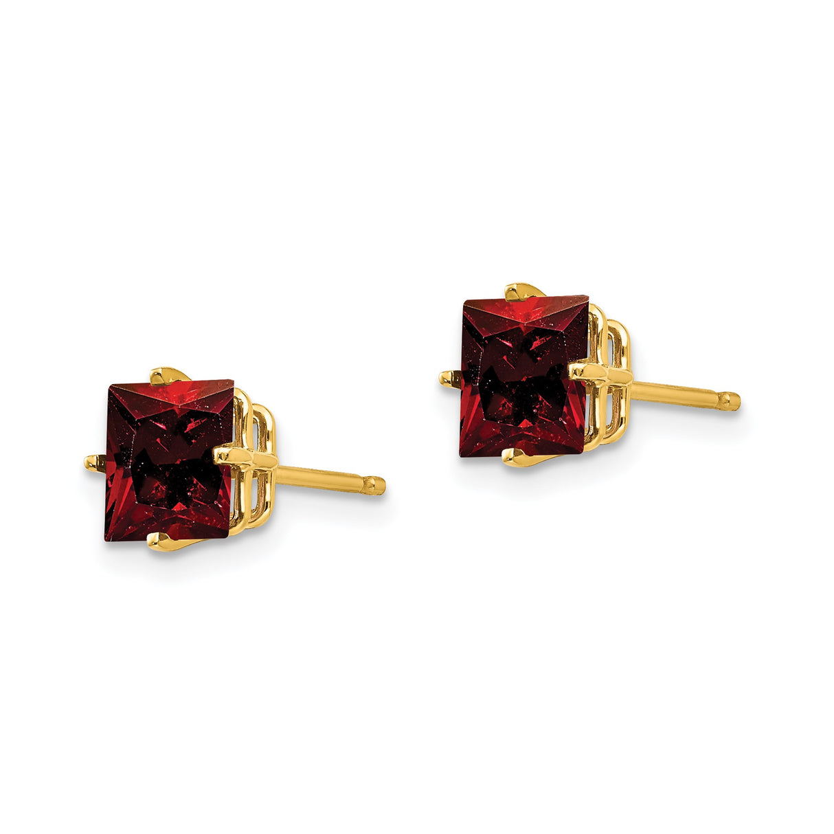 14k Yellow Gold Stud Earrings with Square Cut Garnet in Four Prong Setting