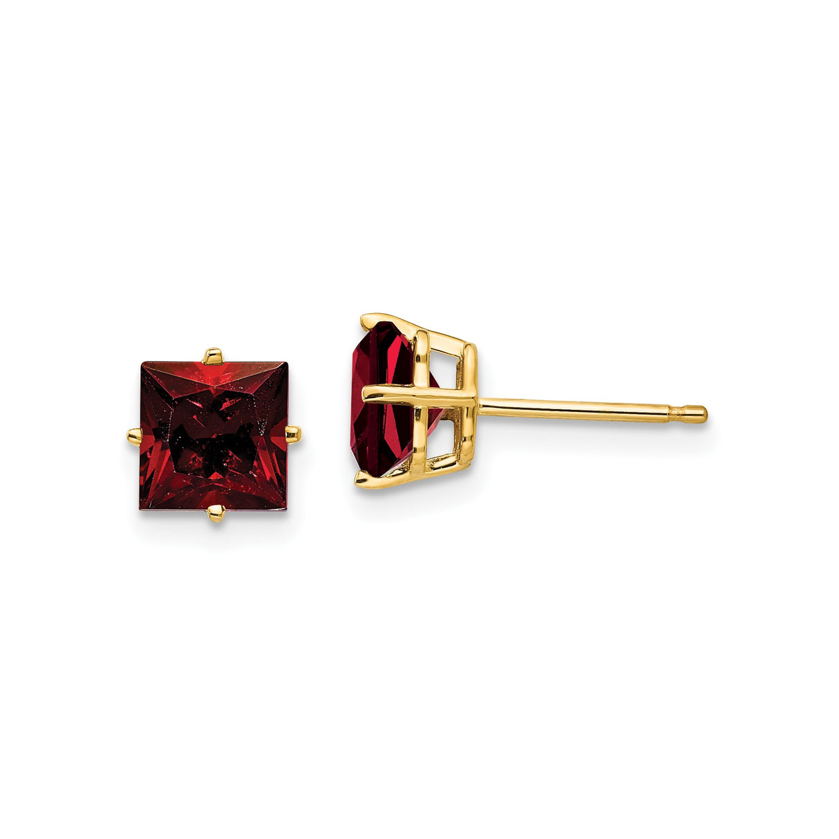 14k Yellow Gold Stud Earrings with Square Cut Garnet in Four Prong Setting