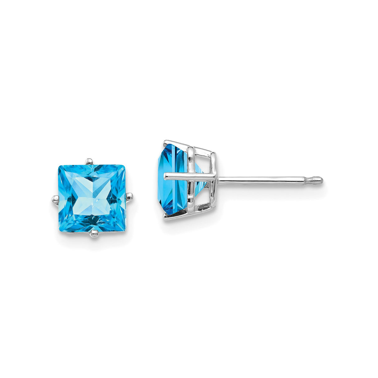 14k White Gold Stud Earrings with Swiss Blue Topaz Princess Cut for Women